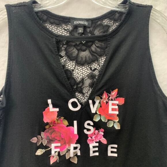 Express Womens Sz Medium Lace Back Love Is Free Spellout Floral Tank Top Blouse - Picture 2 of 5